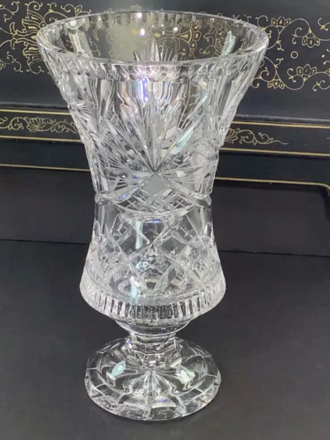 American Brilliant Cut Glass Crystal Pedestal Footed Vase 10 1/2” 2