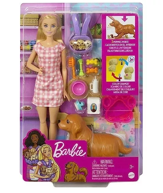 Barbie Sisters & Pets, Cachorros Recién Nacidos, Muñeca y Set de Juego con 1 para