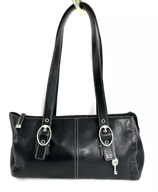 Fossil Black Leather East West Small Shoulder Bag Purse Buckles Charm zb9256