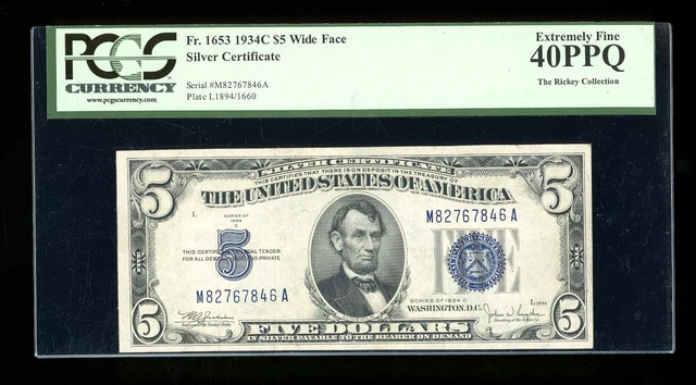 DBR $5 1934-C Silver  Fr. 1653W MA Block Wide Face PCGS 40 PPQ Serial M82767846A