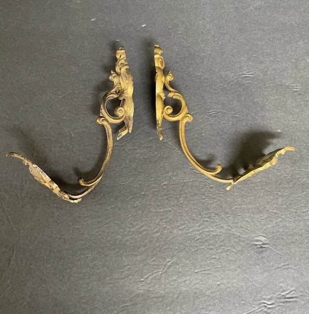 Antique 1 Pair Large French Gilt Bronze Curtain Rod Holder Brackets signed