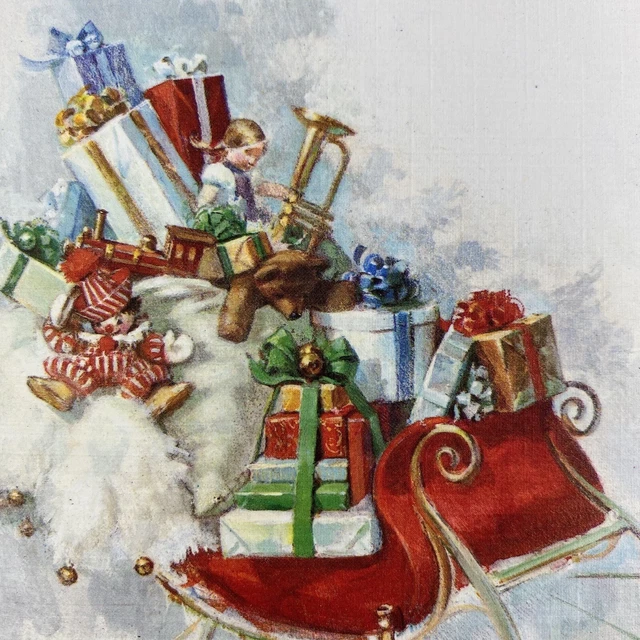 VINTAGE MID CENTURY Christmas Greeting Card Sleigh Filled With Toys