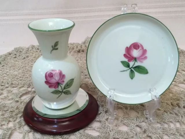 Vienna Augarten Porcelain Small Dish &  Vase, Wener Pink Rose, Austria