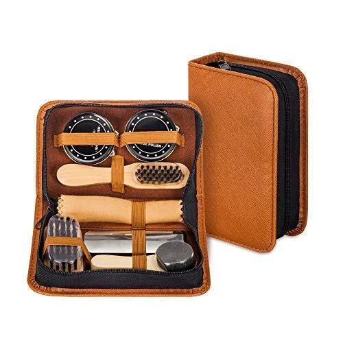 Shoe Shine Kit with PU Leather Sleek Elegant Case 7-Piece Travel Shoe Shine Bru