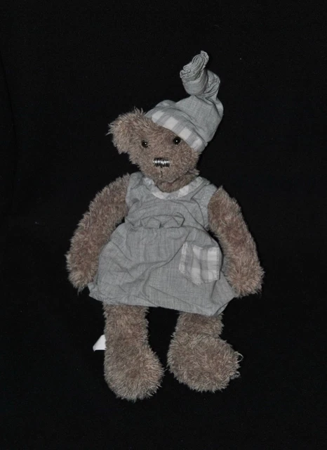 Peluche doudou ours beige Oscar J. LINE bonnet & robe gris 28 cm TTBE