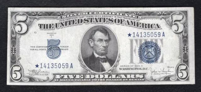 1934-C $5 Five Dollars *Star* Silver Certificate Currency Note Very Fine+
