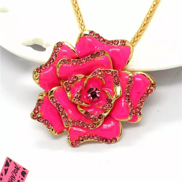 Fashion Women Rose Enamel Cute Rose Flower Crystal Pendant Chain Necklace