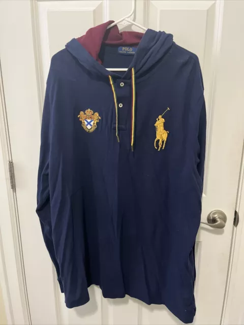 Polo Ralph Lauren Hoodie Mens XXL Blue Henley Pullover Big Pony Crest