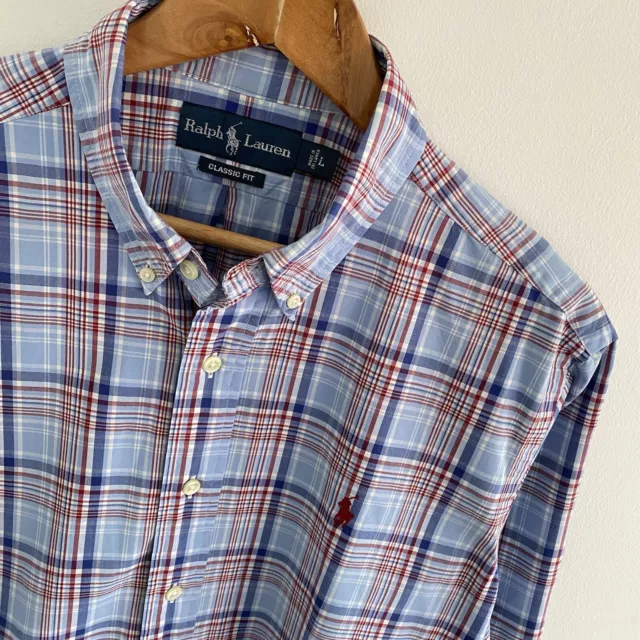 Ralph Lauren Shirt Size L Large Mens Blue Check Classic Fit Cotton Short Sleeve