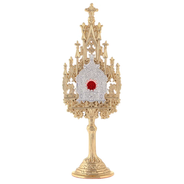 Mini reliquiario neogotico h 22,5 cm ottone dorato argentato