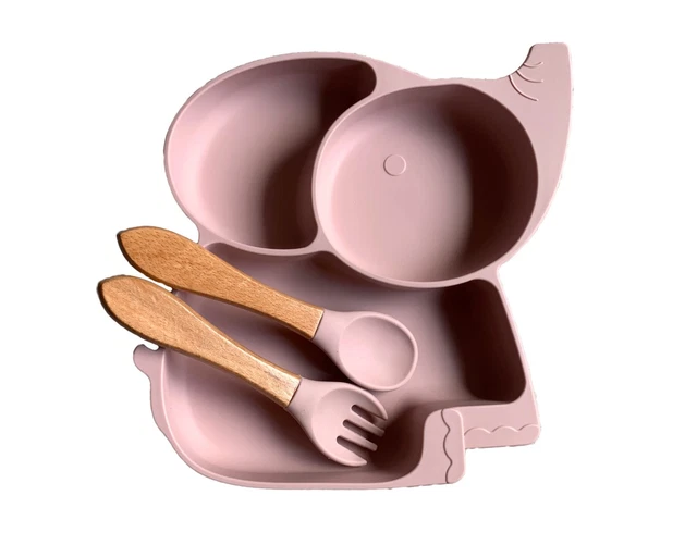 Silikon Geschirrset mit Saugnapf-Teller, Babyteller, Kinderteller, Elefant Rosa