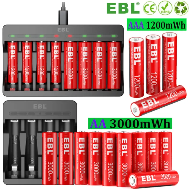 Lot EBL AA AAA Rechargeable Lithium Li-ion Batteries 1.5V / Battery Charger