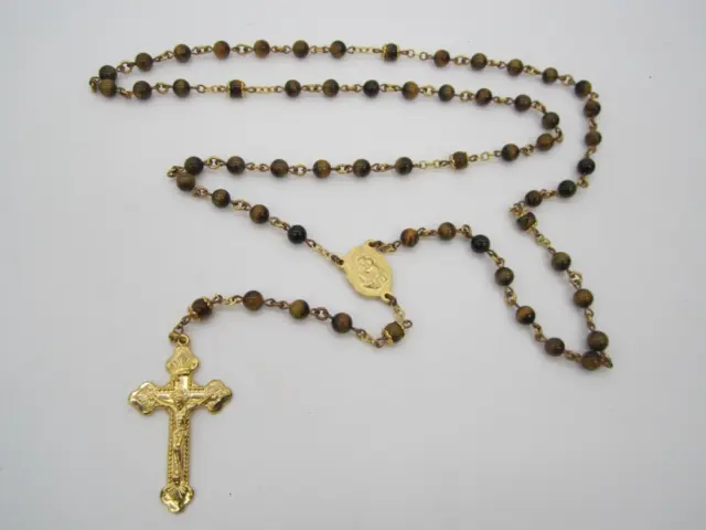 VINTAGE GOLD TONE PLATED SIGNED Creed Genuine TIGERS EYE Rosary 6MM Bead NR !!!