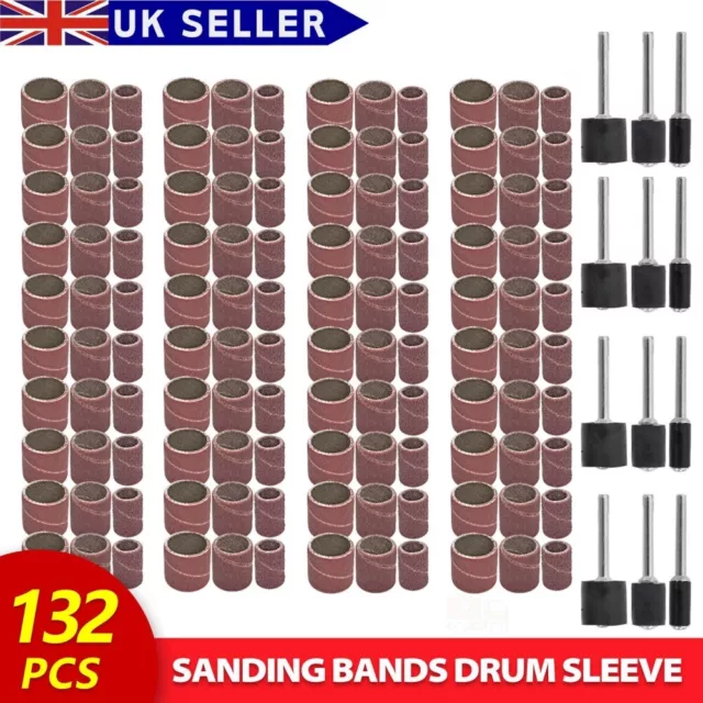 132Pcs 120 Grit Sanding Band Drum Sleeve Set Mandrels Rotary Tool Kit For Dremel