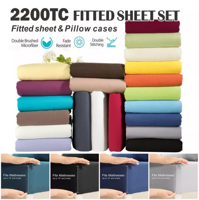 Hotel 2200TC Soft Fitted Sheet Pillow cases Bed Set King Single Double Queen Bed