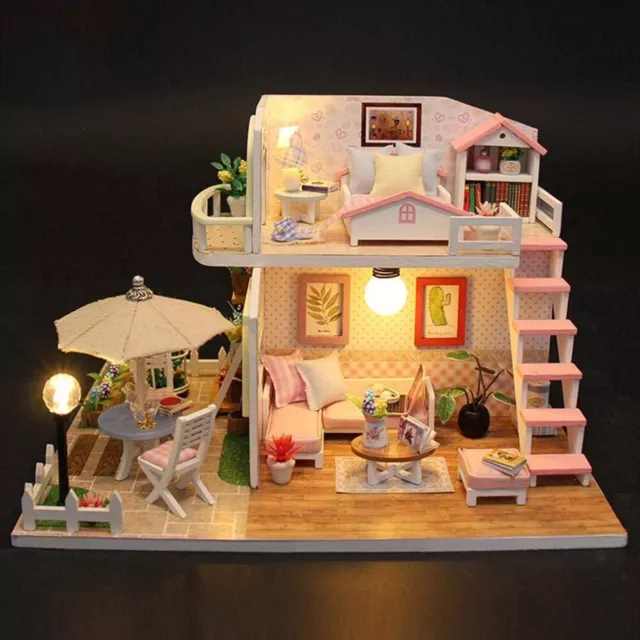 Loft Pink DIY Villa Wood Handmade Music Box Miniature Dollhouse Furniture House
