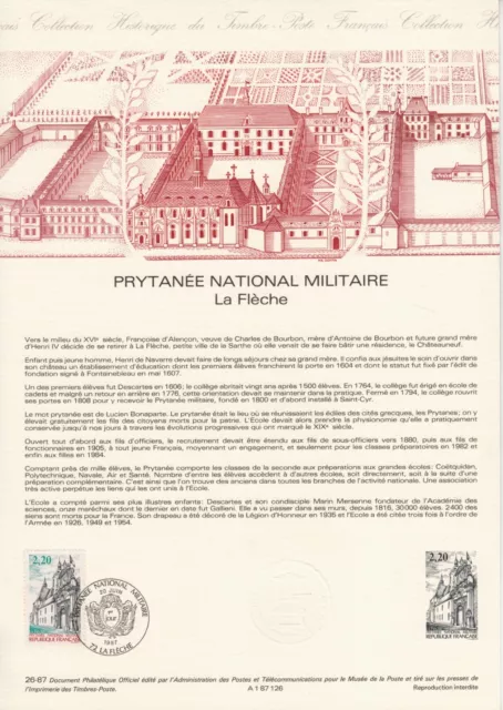 Document Philatélique A4 Musée Poste 1987 PRYTANEE NATIONAL MILITAIRE LA FLECHE