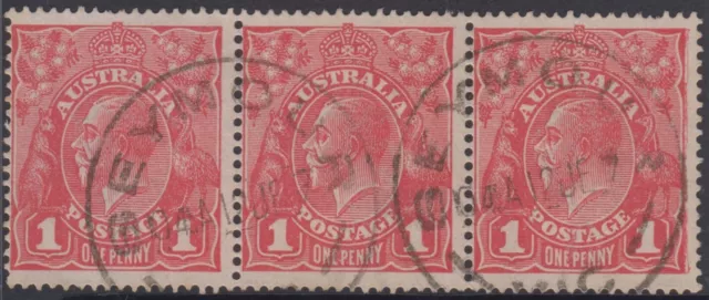 Postmark 1917 Seymour Victoria on strip of 3 x 1d rose carmine KGV stamps