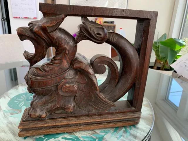 Antique Carved Oak Griffin, Architectural Salvage Corbel/Pediment