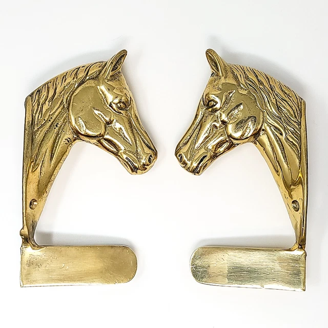 Vintage Pair Of Cast Polished Brass Horse Brackets For Towel Rod 3