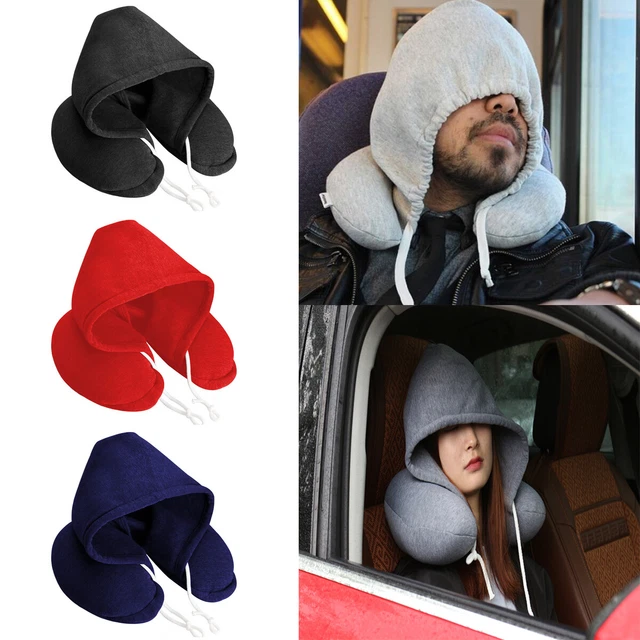 NEW Hooded U Shaped Memory Foam Neck Pillow Travel Cushion Airplane Bus Sleeping