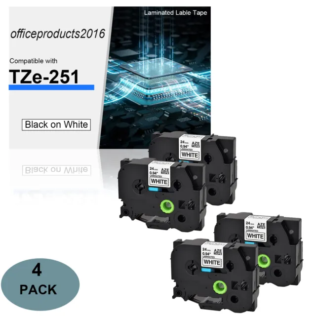 4PK TZ-251 TZe-251 Black on White 24mm Label Tape For Brother P-Touch PT-P950NW