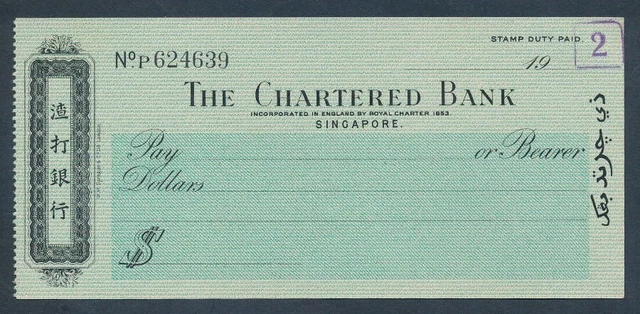 Singapore: Chartered Bank (Circa 1956) Cheque. UNC & SCARCE!