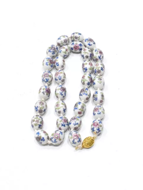 Beads Chinese Porcelain White Floral Necklace Strand