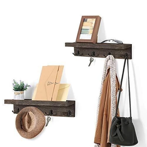 LIANTRAL Coat Rack Wall Mount Set of 2 Wall Shelf with Hooks 4 Coat Hooks & W...