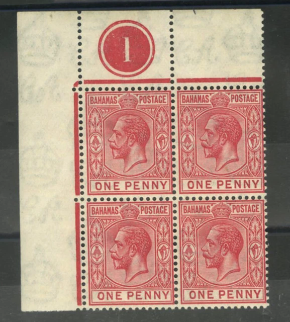 M3446 Bahamas 1921 SG116 - 1d carmine, wmk Multi Script CA, corner PLATE block