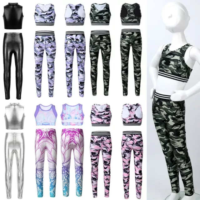 Kids Girls Tracksuit Camouflage Outfit Crop Top Leggings Sport Wear Gymnastics