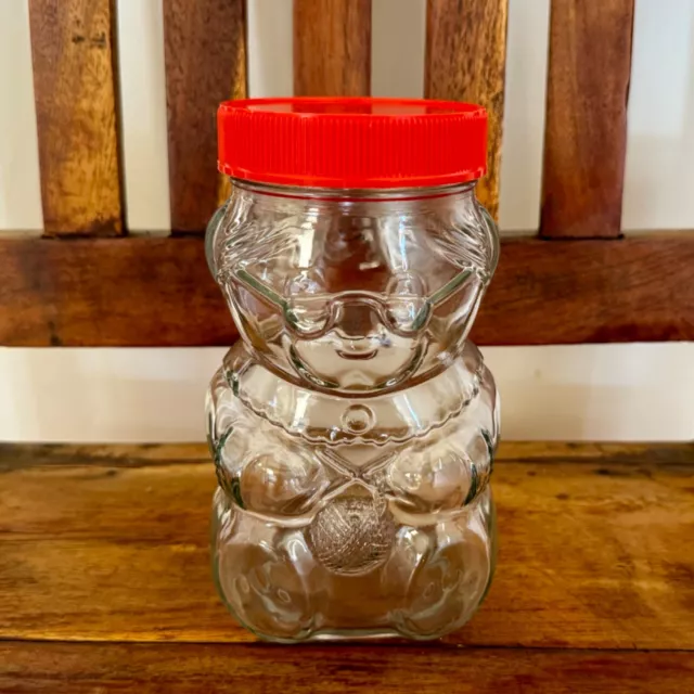 Vintage 80s Kraft Peanut Butter Mother Bear Knitting Jar - Red Lid - VGC