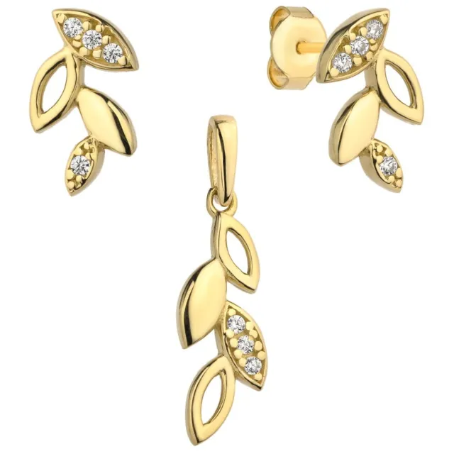 Lumari Gold-Boucles d'oreilles et pendentif feuille en or 585-585(14k)