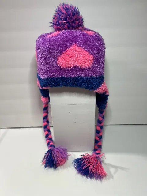 Justice Beanie Girls Sherpa Fleece Hat Pink/ Blue Pom Pom One Size Winter Cap