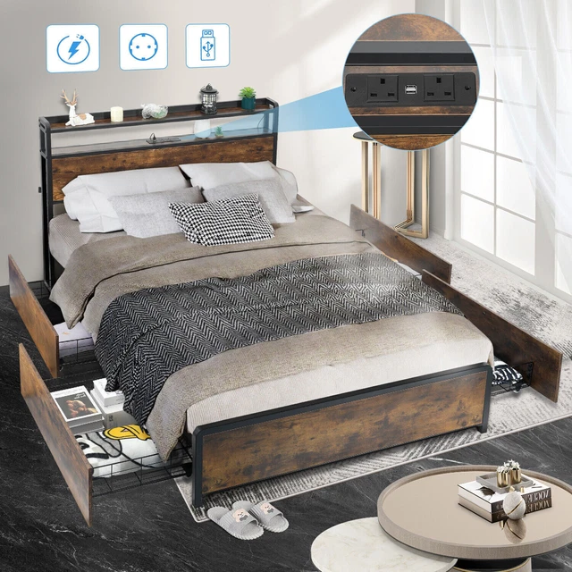 RETRO BED FRAME Metal Bed Platform w/RGB LED Lights Headboard 4 Storage