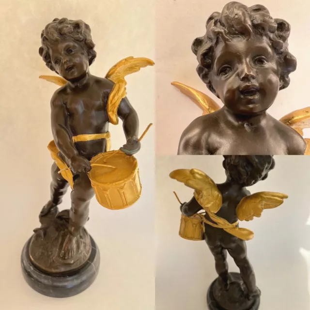 12" Antique 19th c French MOREAU Bronze Dore Angel Putto Cherub Drummer Figure