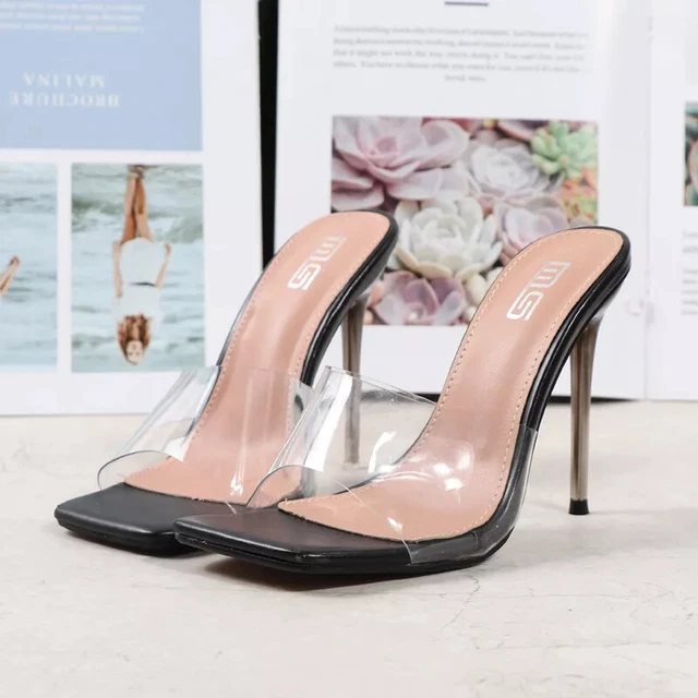 Sandales Sabot Chaussons Femme Talon 11 CM Noir Transparent Cuir Simili 94545