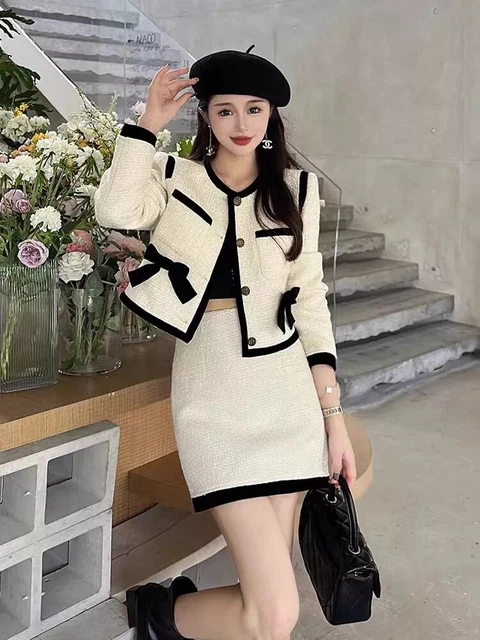 Allegra K Costume D'affaires Pour Femme Ensemble Jupe 2 Pcs En Tweed Veste Boutonné à Manches 3/4 Jupe Crayon Élégante Bleu Clair XS