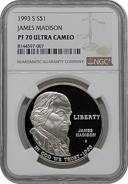 1993 S James Madison Proof Silver Dollar coin NGC PF70 UC Brown Label SKU 1