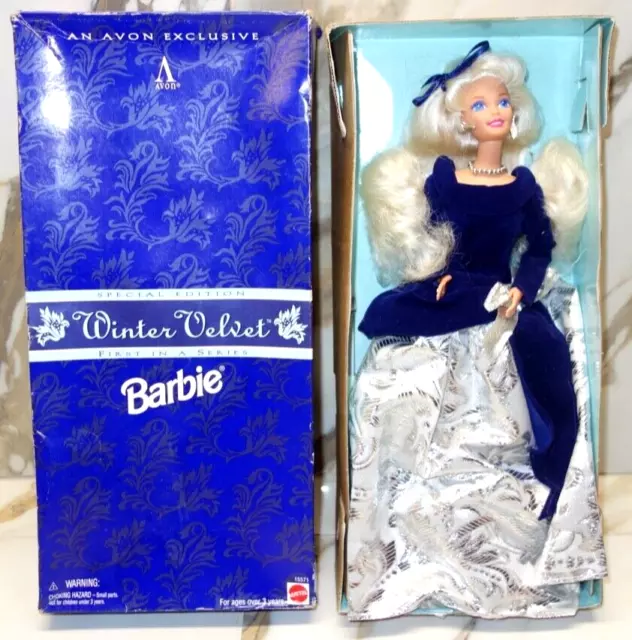 Barbie Holiday Avon Exclusive Mattel Winter Velvet Blue Silver Dress Damaged Box