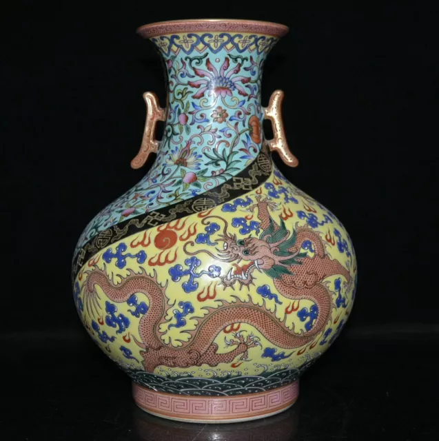 11.2" Qianlong Marked Chinese Famille rose Porcelain Flower Dragon Vase Bottle