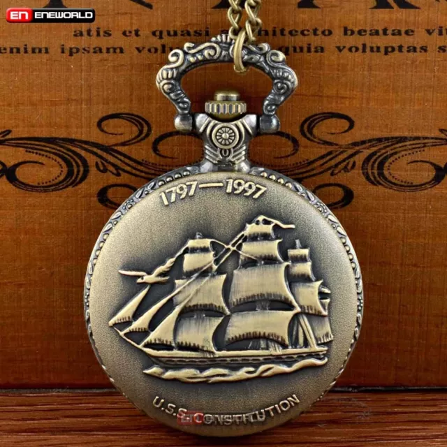 Bronze USS Constitution Sailing Boat Pocket Watch Retro Quartz Pendant Necklace