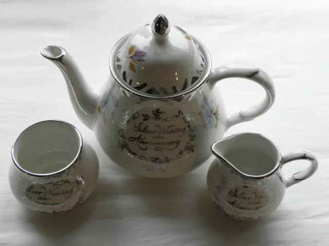 ARTHUR WOOD SILVER WEDDING 25th ANNIVERSARY TEAPOT MILK JUG SUGAR BOWL SET 5506