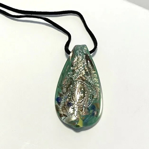 Murano Handmade Glass Pendant Necklace Green Gold Blue Tones Peacock Feather