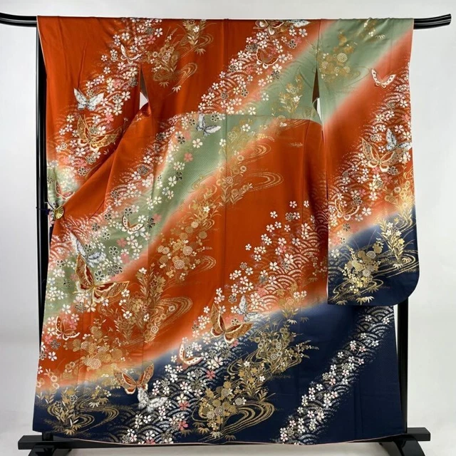 Japanese Kimono Furisode Pure Silk Butterfly Cherry Blossom Reddish Brown