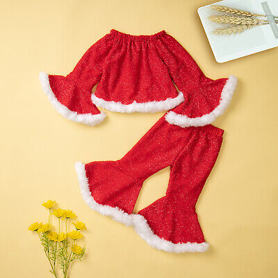 Bambino per neonate vestiti di Natale Set top con increspatura Bell Pantaloni Abiti da Babbo Natale 2