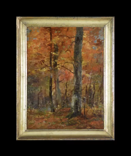 Tableau ancien, École de Barbizon XIXème siècle. "Sous-bois en Automne."