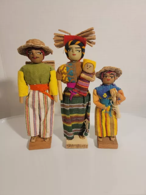 Mayan Tejidos Wooden Dolls Set Of 3 Hand  Made In Guatemala