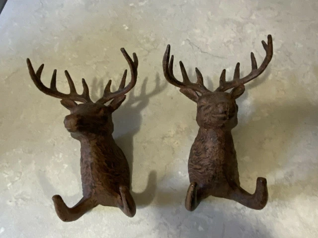 2~Rustic Metal Double Hooks Antler BUCK Deer WALL~Door~Towel~Coat~Keys~Hats
