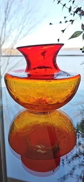 Blenko? Art Glass Vase Hand Blown MCM Amberina Orange/Red 5.5"T X 6.75" W-VTG 3